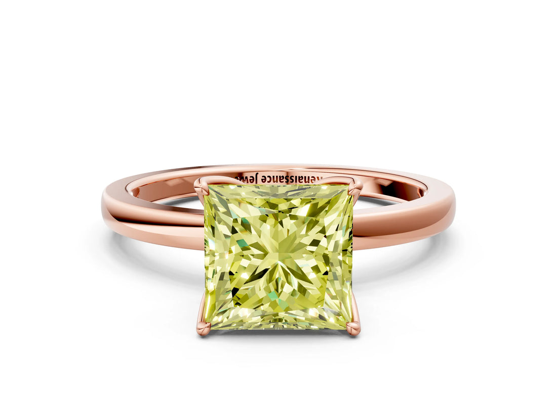 Rose gold Fancy Yellow Princess Cut Diamond Solitaire Ring with Thin Band and Prong Setting_12