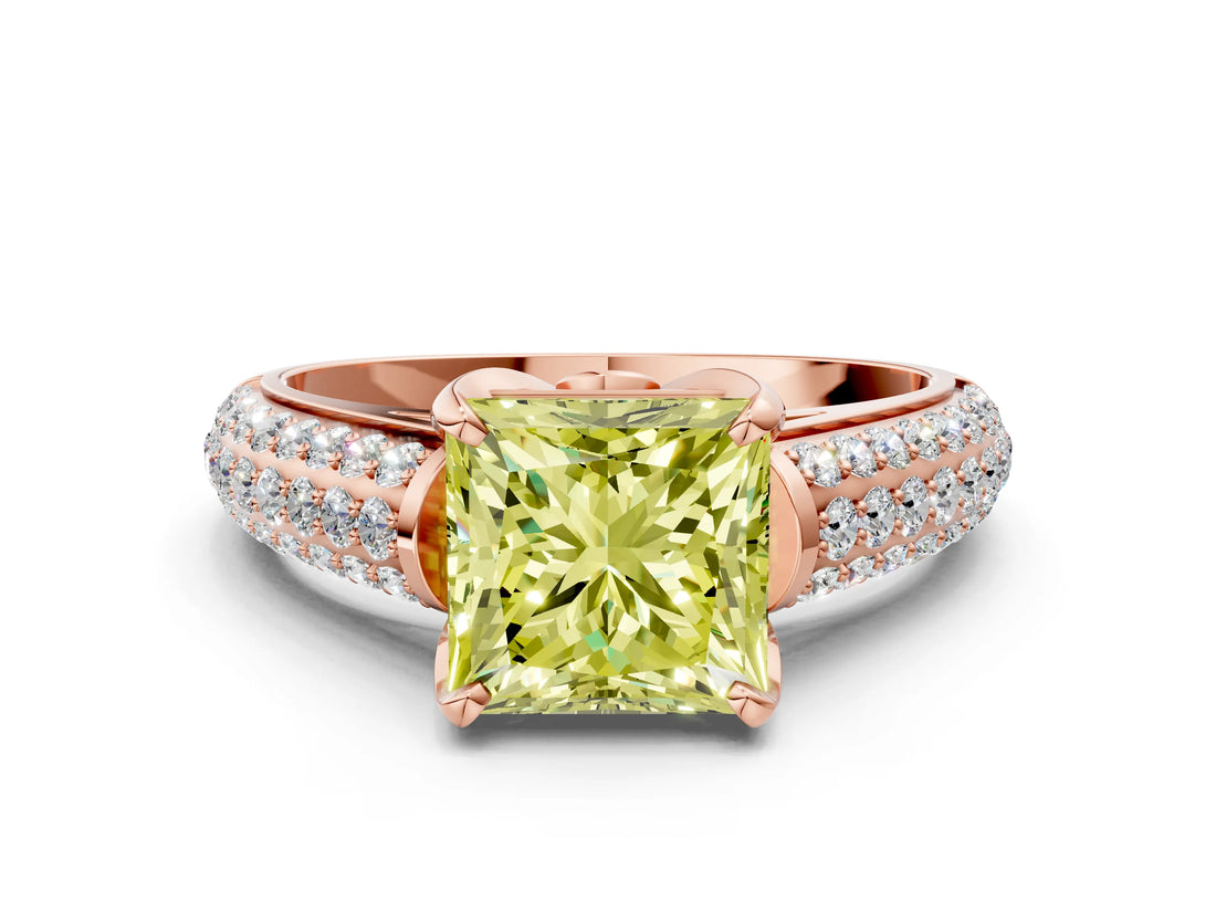 Rose gold Fancy Yellow Princess Cut Diamond Solitaire Ring with Three-Row Pavé Band and Four-Prong Setting_17