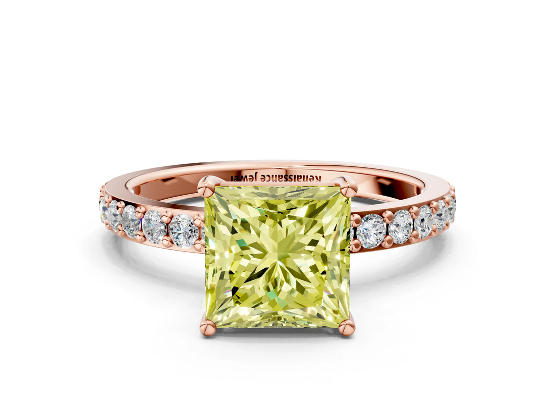 Rose gold Fancy Yellow Princess  Cut Diamond Solitaire with Pave Band and Four-Prong Setting 1
