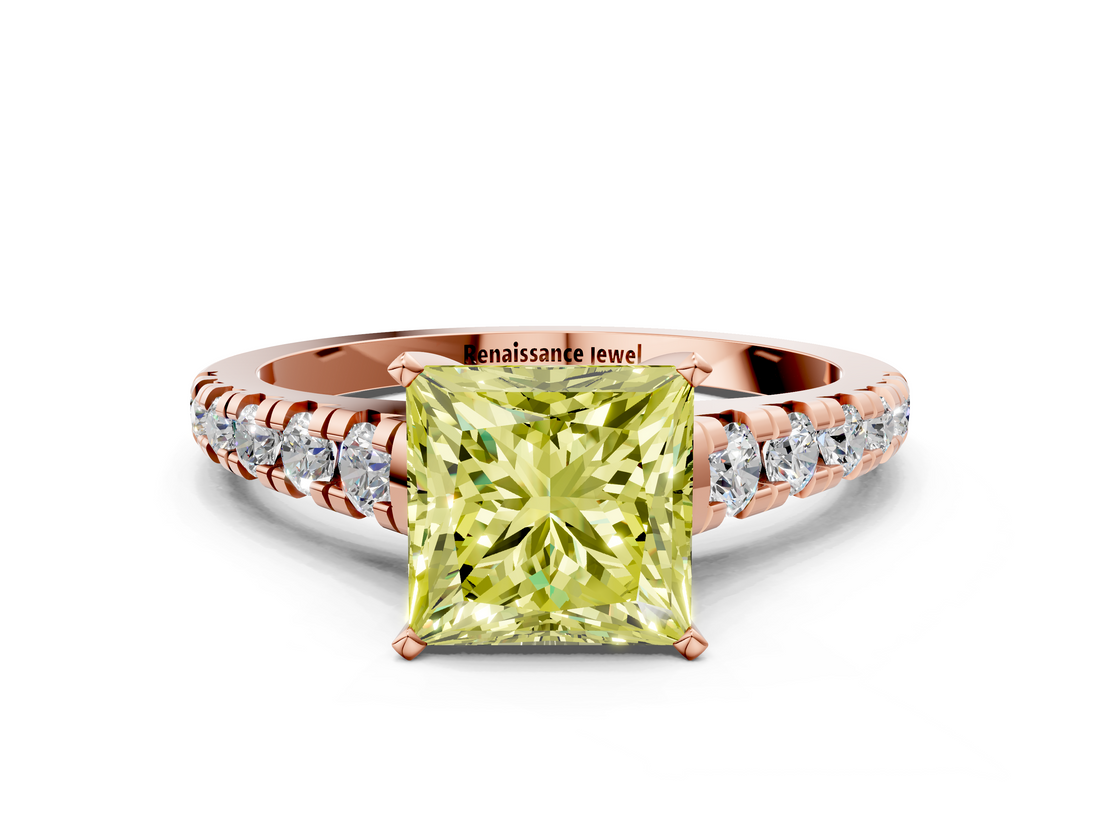 Rose gold Fancy Yellow Princess  Cut Diamond Solitaire with Pave Band and Four-Prong Setting