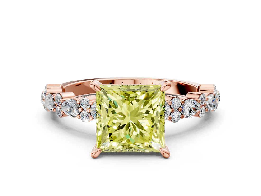 Rose gold Fancy Yellow Princess Cut Diamond Solitaire with Side Stones, Pave Band, Four-Prong Setting_29