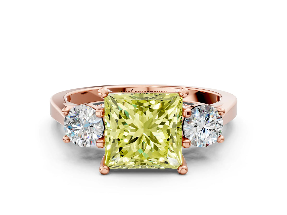 Rose gold Fancy Yellow Princess Cut Diamond Three-Stone Engagement Ring with Prong Setting and Pavé Band
