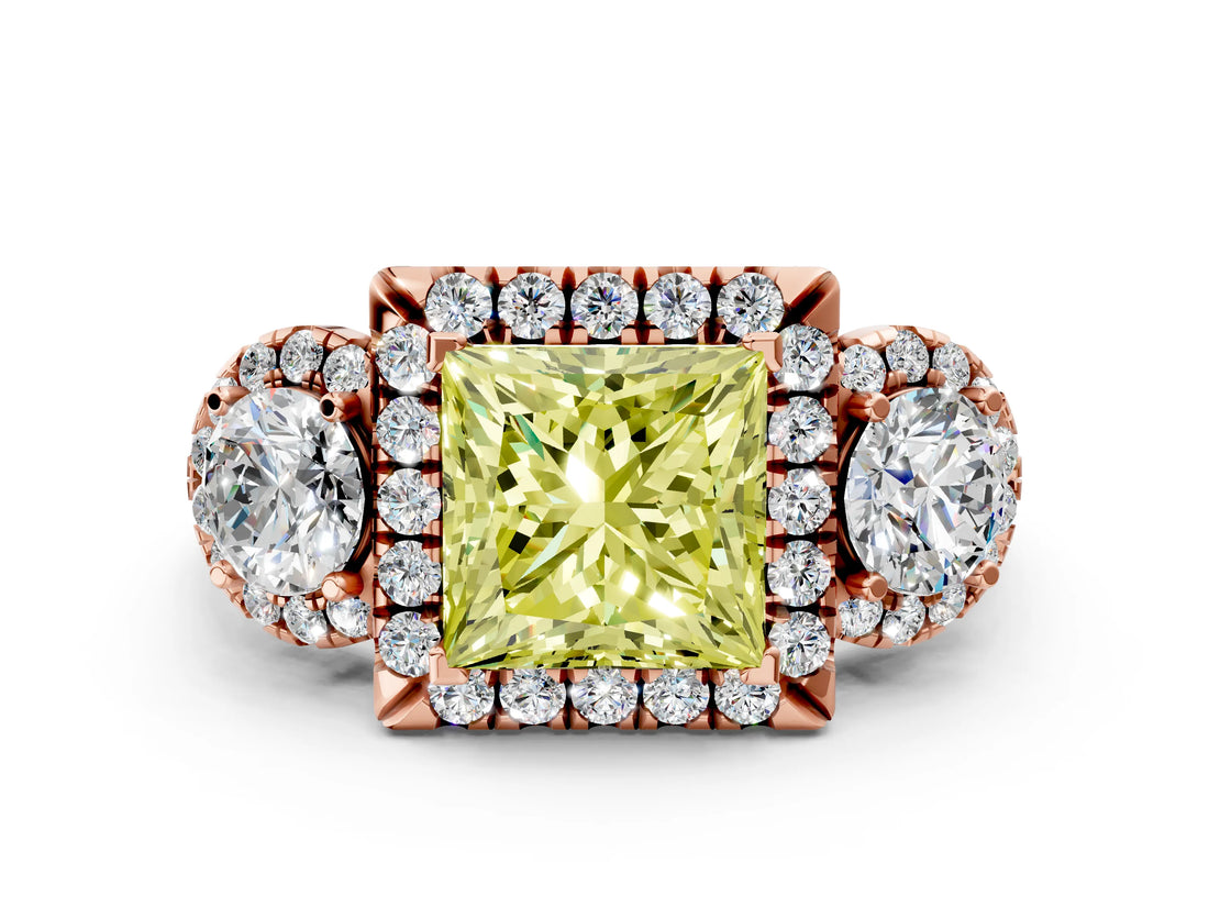 Rose gold Fancy Yellow Princess Cut Diamond Three-Stone Halo Ring with Prong Setting and Pavé Accents