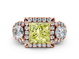 Rose gold Fancy Yellow Princess Cut Diamond Three-Stone Halo Ring with Prong Setting and Pavé Accents