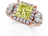 Rose gold Fancy Yellow Princess Cut Diamond Three-Stone Halo Ring with Prong Setting and Pavé Accents_1