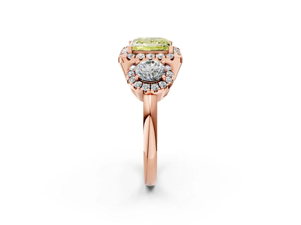 Rose Gold Princess Cut Three Stone Halo Engagement Ring Setting for Fancy Yellow Center