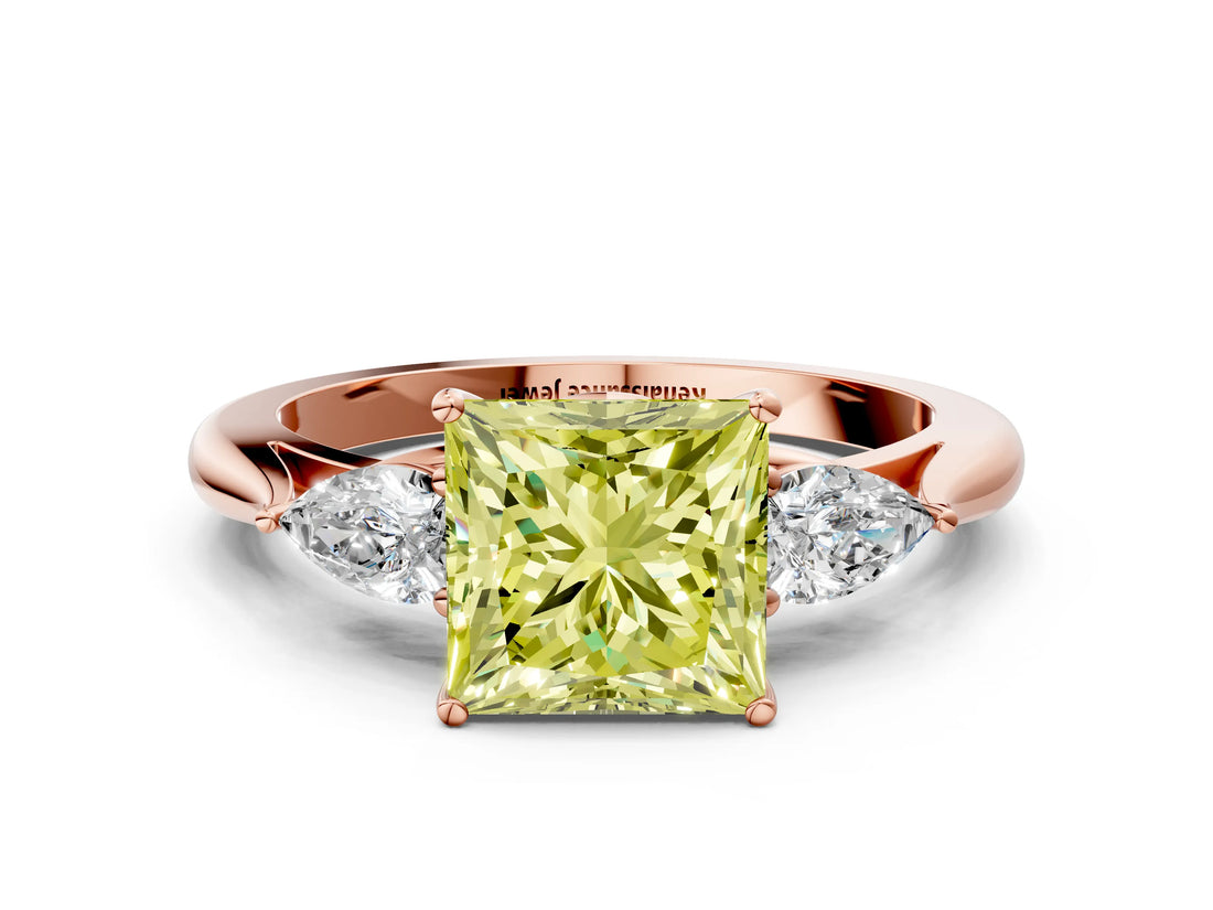 Rose gold Fancy Yellow Princess Cut Diamond Three-Stone Ring with Pear Side Stones and Four-Prong Setting_52