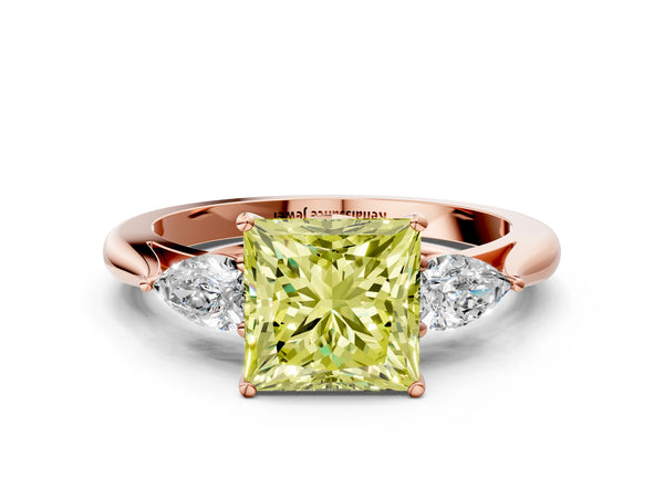 Rose Gold Princess Cut Three Stone Pear Side Engagement Ring Setting for Fancy Yellow Center