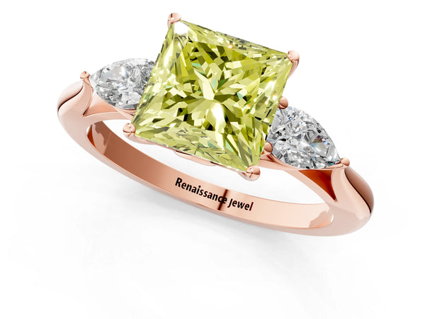 Rose Gold Princess Cut Three Stone Pear Side Engagement Ring Setting for Fancy Yellow Center