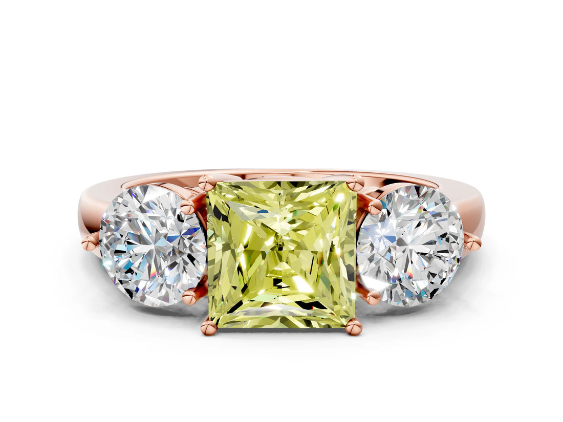 Rose gold Fancy Yellow Princess Cut Diamond Three-Stone Ring with Prong Setting and Classic Band_34