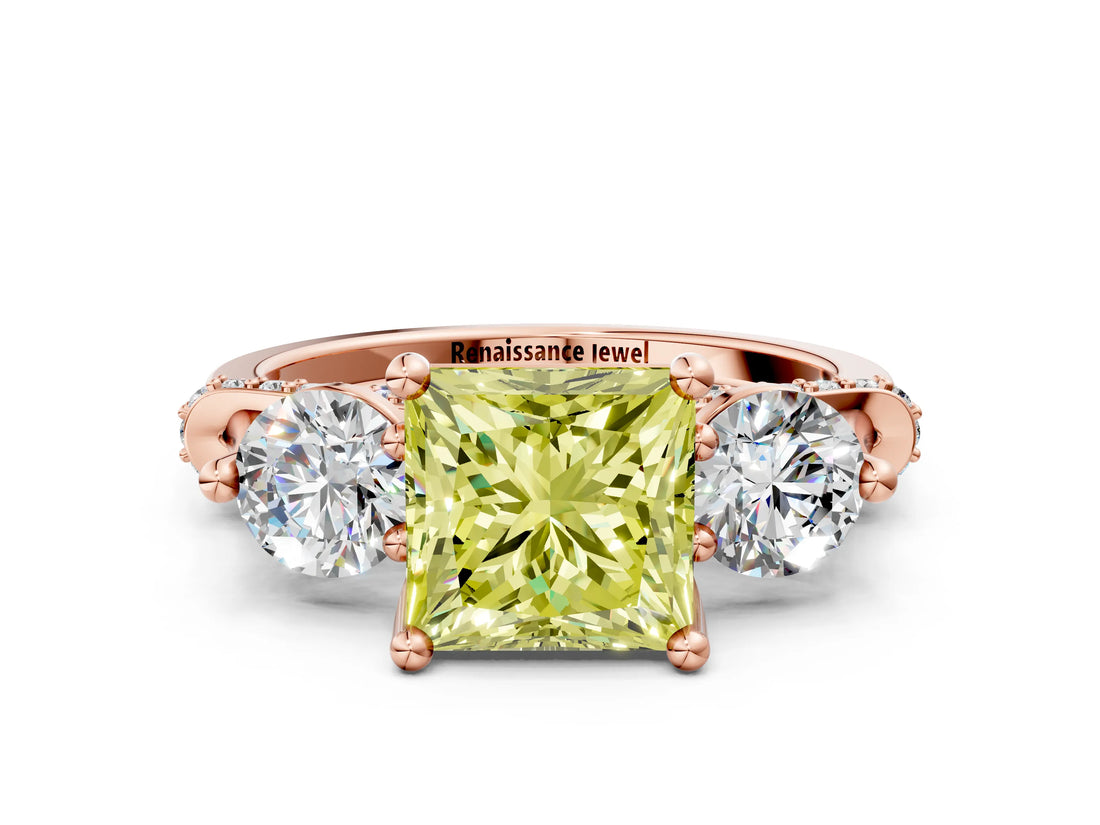 Rose gold Fancy Yellow Princess Cut Diamond Three-Stone Ring with Prong Setting and Pavé Band