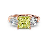 Rose gold Fancy Yellow Princess Cut Diamond Three-Stone Ring with Prong Setting and Pavé Band