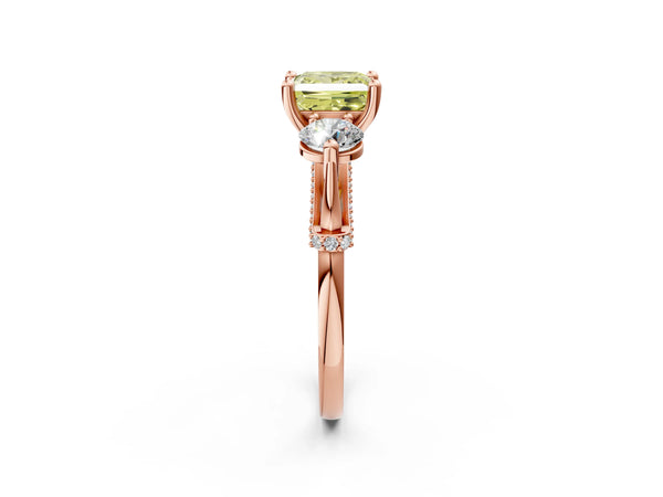 Rose Gold Princess Cut Curved Pave Three Stone Engagement Ring Setting for Fancy Yellow Center