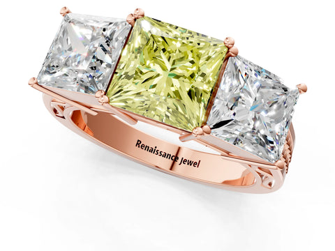 Rose gold Fancy Yellow Princess Cut Diamond Three-Stone Ring with Prong Setting and Textured Band_1