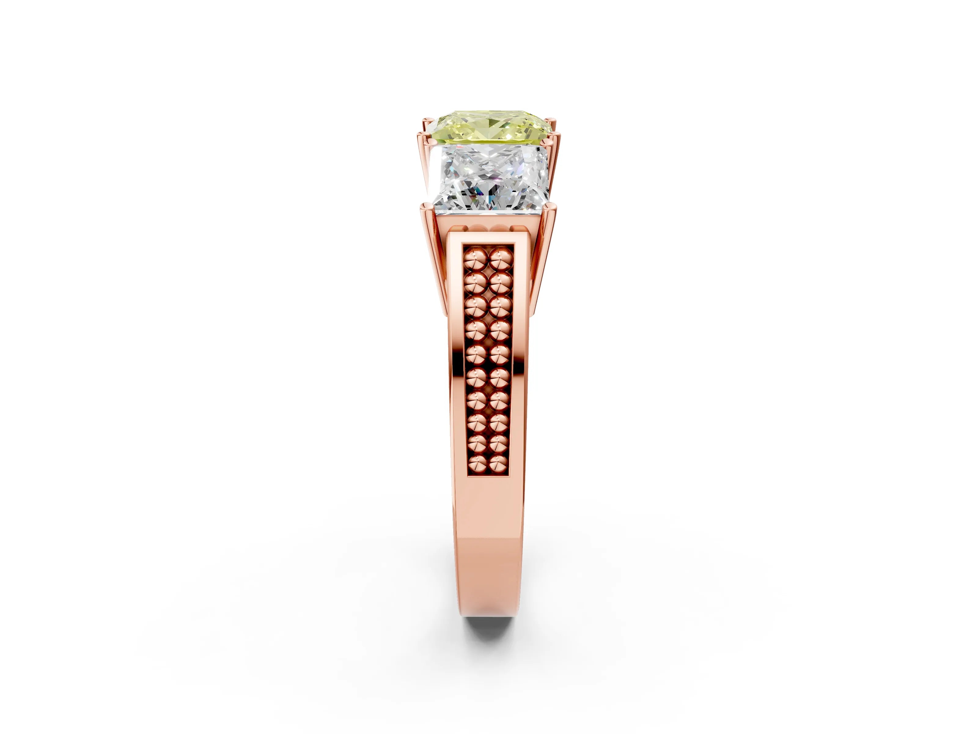 Rose gold Fancy Yellow Princess Cut Diamond Three-Stone Ring with Prong Setting and Textured Band_2
