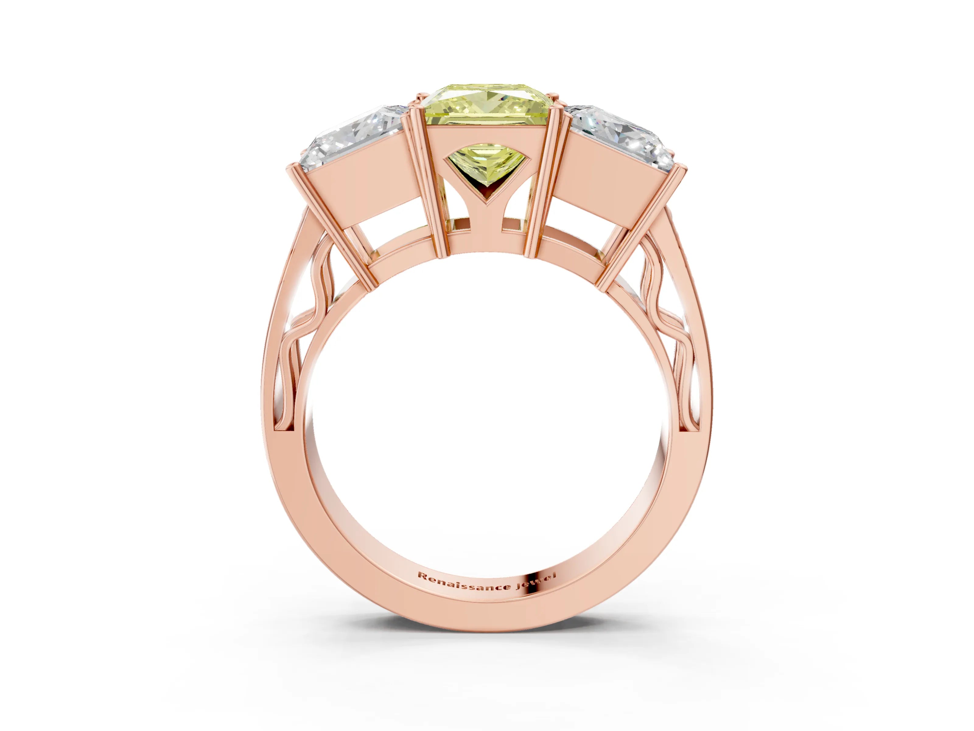 Rose gold Fancy Yellow Princess Cut Diamond Three-Stone Ring with Prong Setting and Textured Band_3