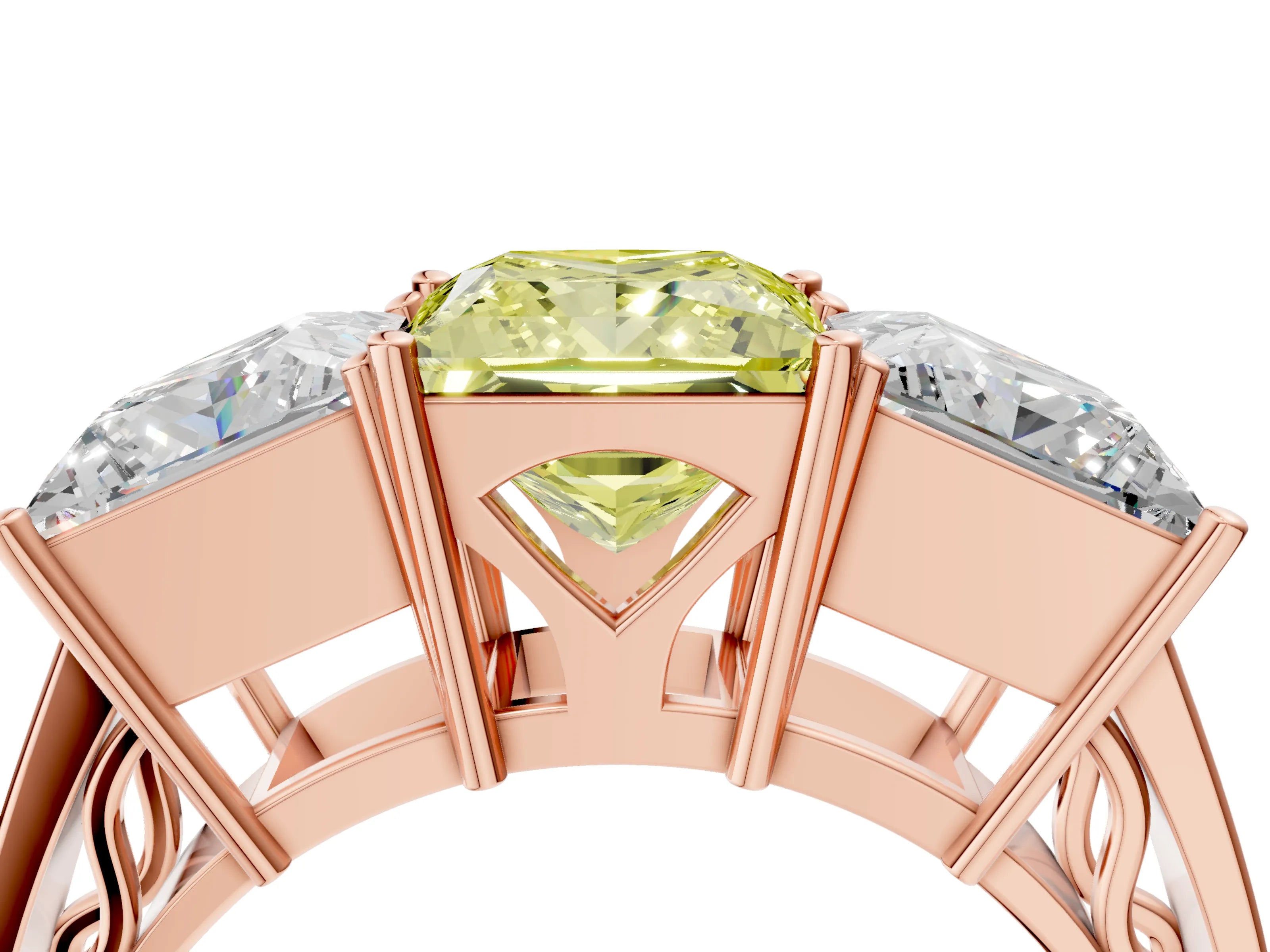 Rose gold Fancy Yellow Princess Cut Diamond Three-Stone Ring with Prong Setting and Textured Band_4
