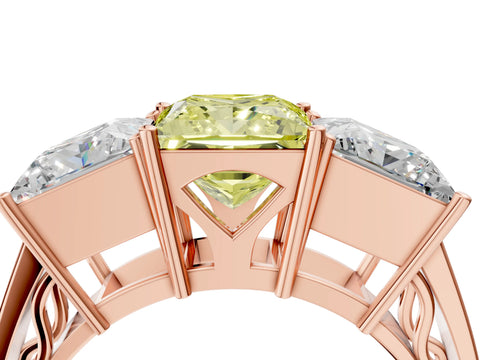 Rose gold Fancy Yellow Princess Cut Diamond Three-Stone Ring with Prong Setting and Textured Band_4