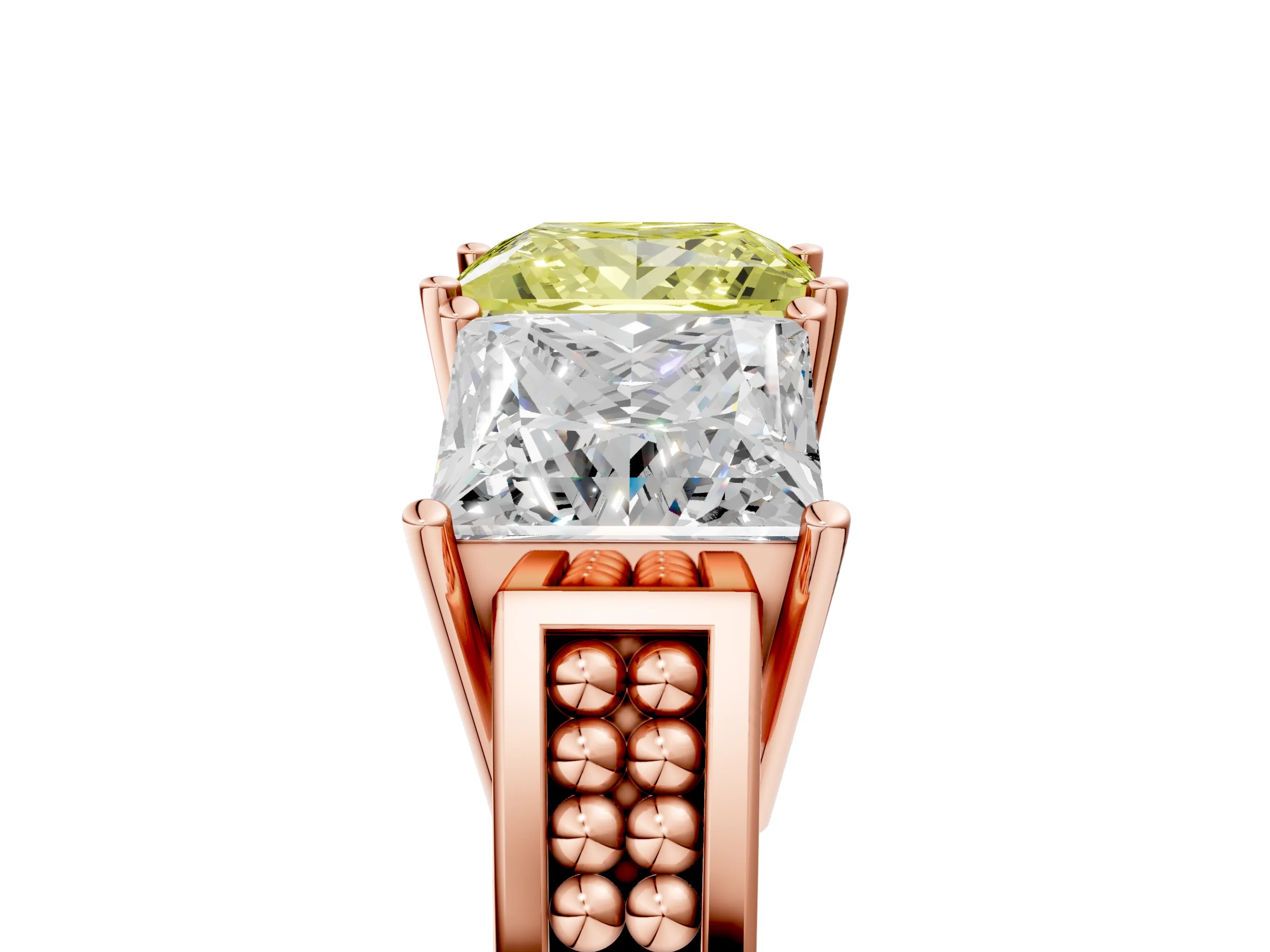 Rose gold Fancy Yellow Princess Cut Diamond Three-Stone Ring with Prong Setting and Textured Band_5