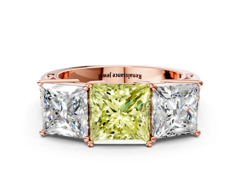Rose gold Fancy Yellow Princess Cut Diamond Three-Stone Ring with Prong Setting and Textured Band