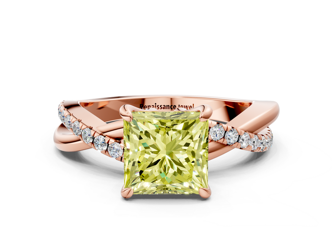 Rose gold Fancy Yellow Princess  Cut Diamond Twist Band Solitaire with Prong Setting