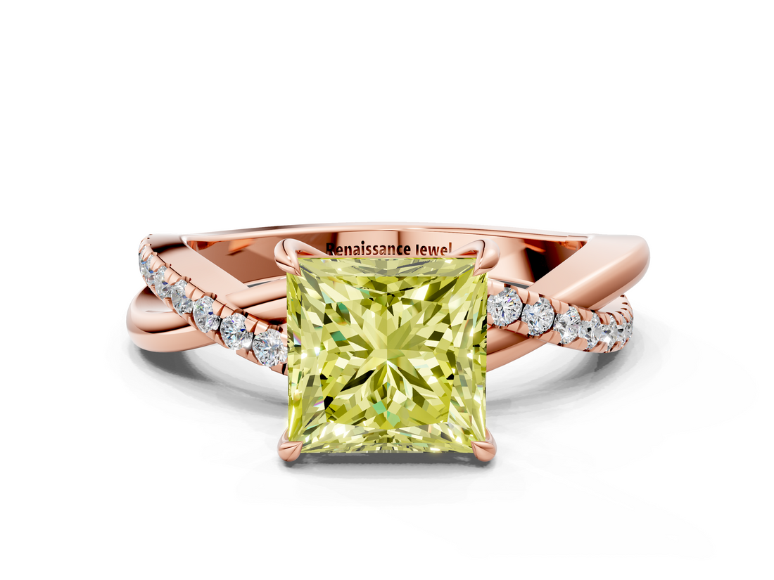 Rose gold Fancy Yellow Princess  Cut Diamond Twisted Band with Pavé Setting and Four-Prong Setting
