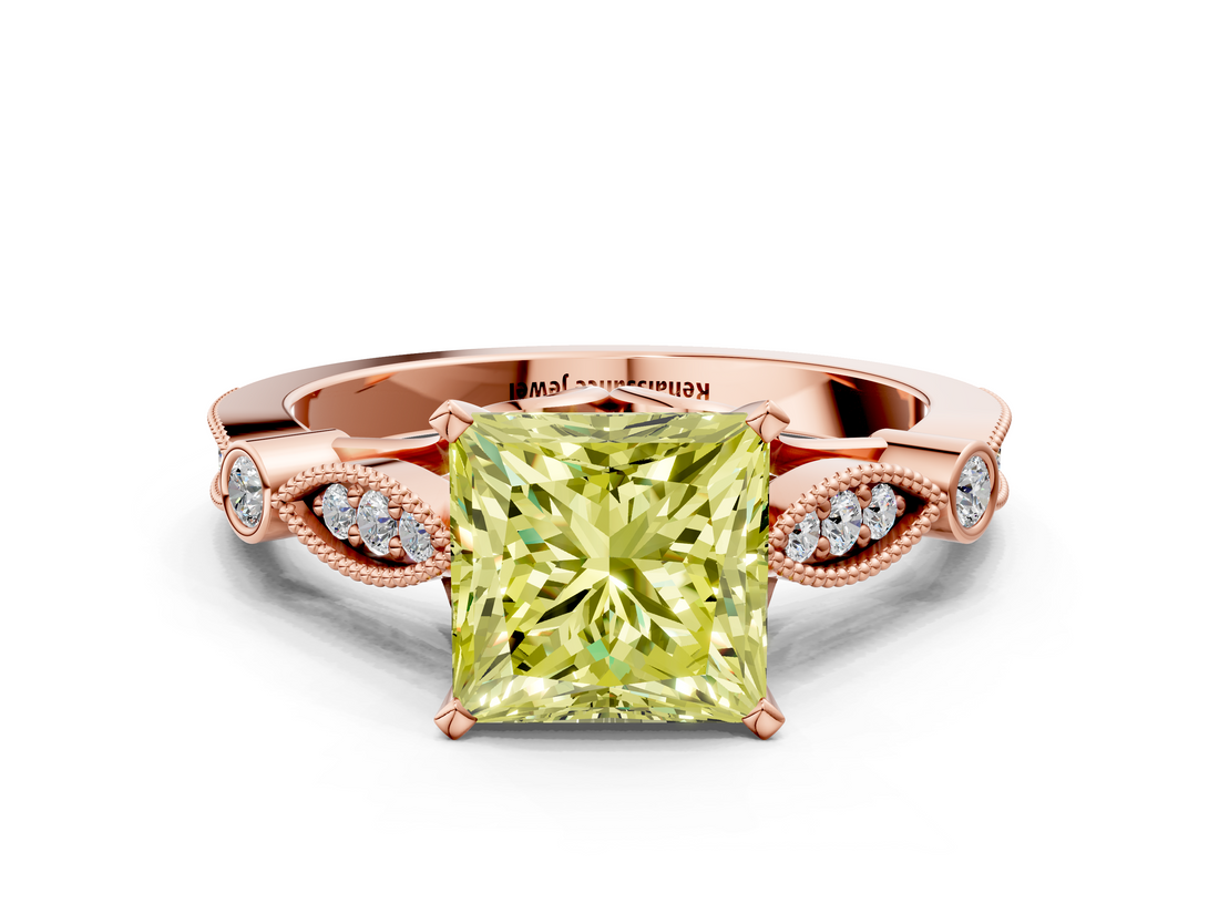 Rose gold Fancy Yellow Princess  Cut Diamond with Milgrain Marquise and Bezel Accents on a Solitaire Band with Prong Setting