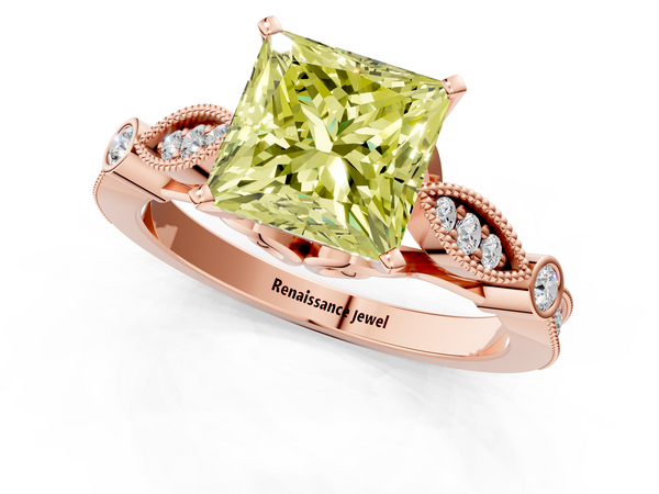 Rose gold Fancy Yellow Princess  Cut Diamond with Milgrain Marquise and Bezel Accents on a Solitaire Band with Prong Setting