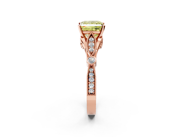 Rose gold Fancy Yellow Princess  Cut Diamond with Milgrain Marquise and Bezel Accents on a Solitaire Band with Prong Setting