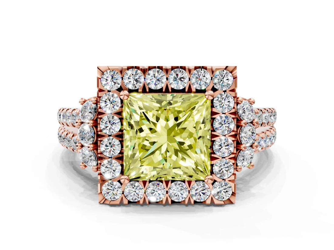 Rose gold Fancy Yellow Princess  Cut Double Halo Diamond Engagement Ring with Pave Band and Four-Prong Setting_42