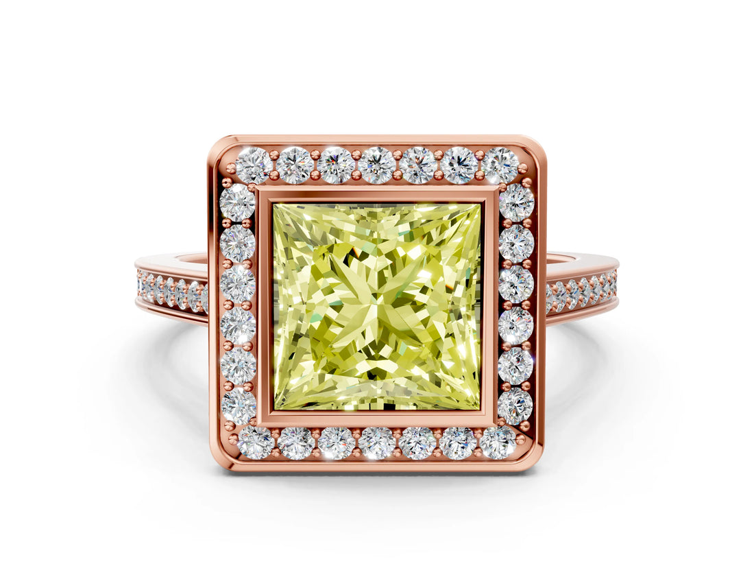 Rose gold Fancy Yellow Princess Cut Halo Bezel Diamond Pave Band Ring