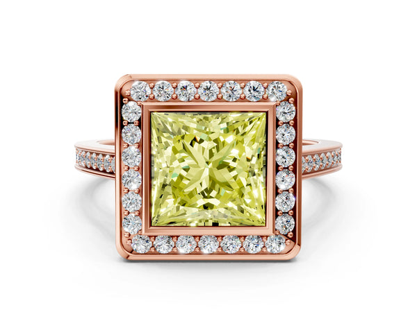 Rose gold Fancy Yellow Princess Cut Halo Bezel Diamond Pave Band Ring
