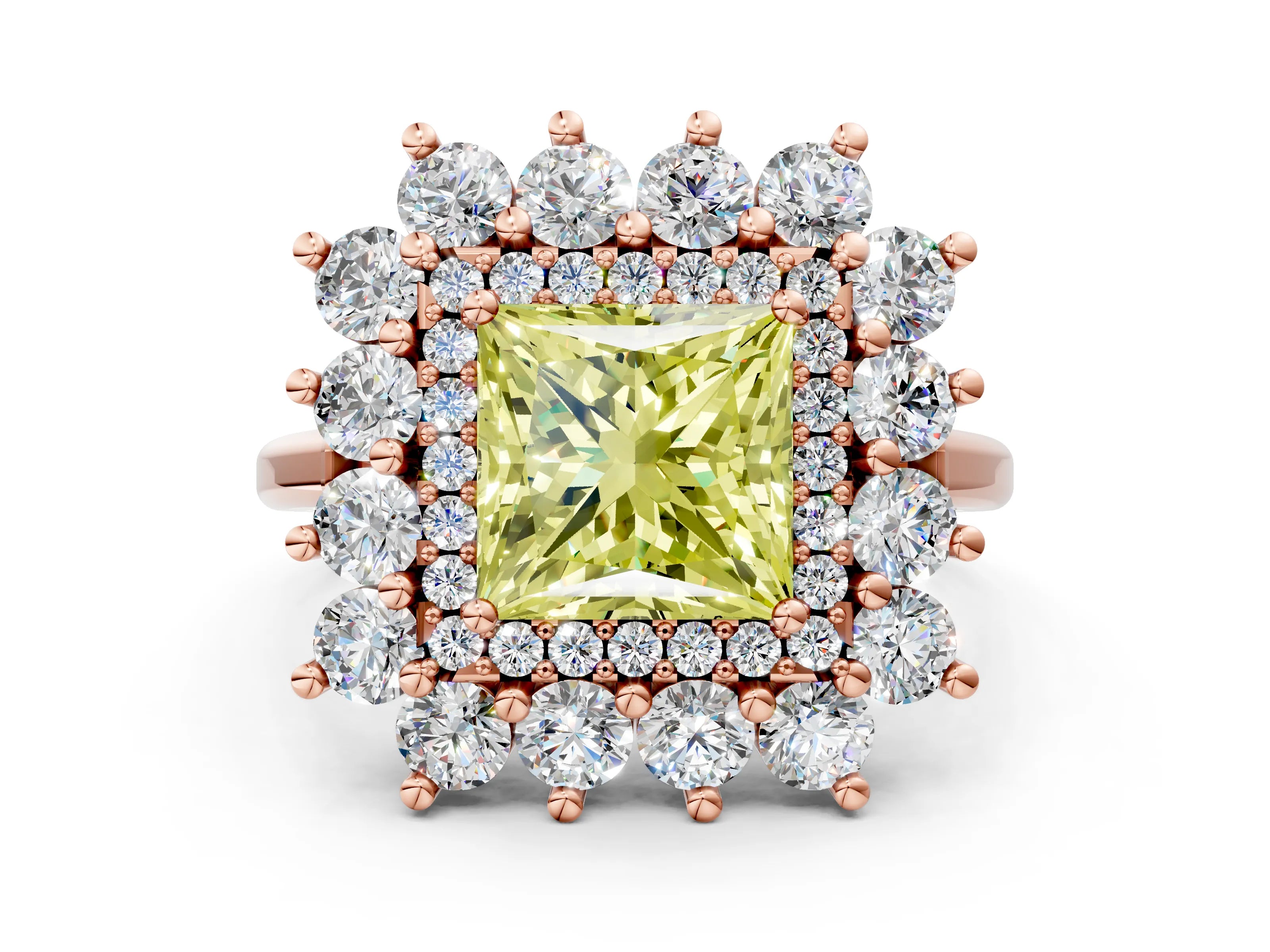 Rose gold Fancy Yellow Princess Cut Halo Cluster Diamond Ring with Pave Band and Four-Prong Setting