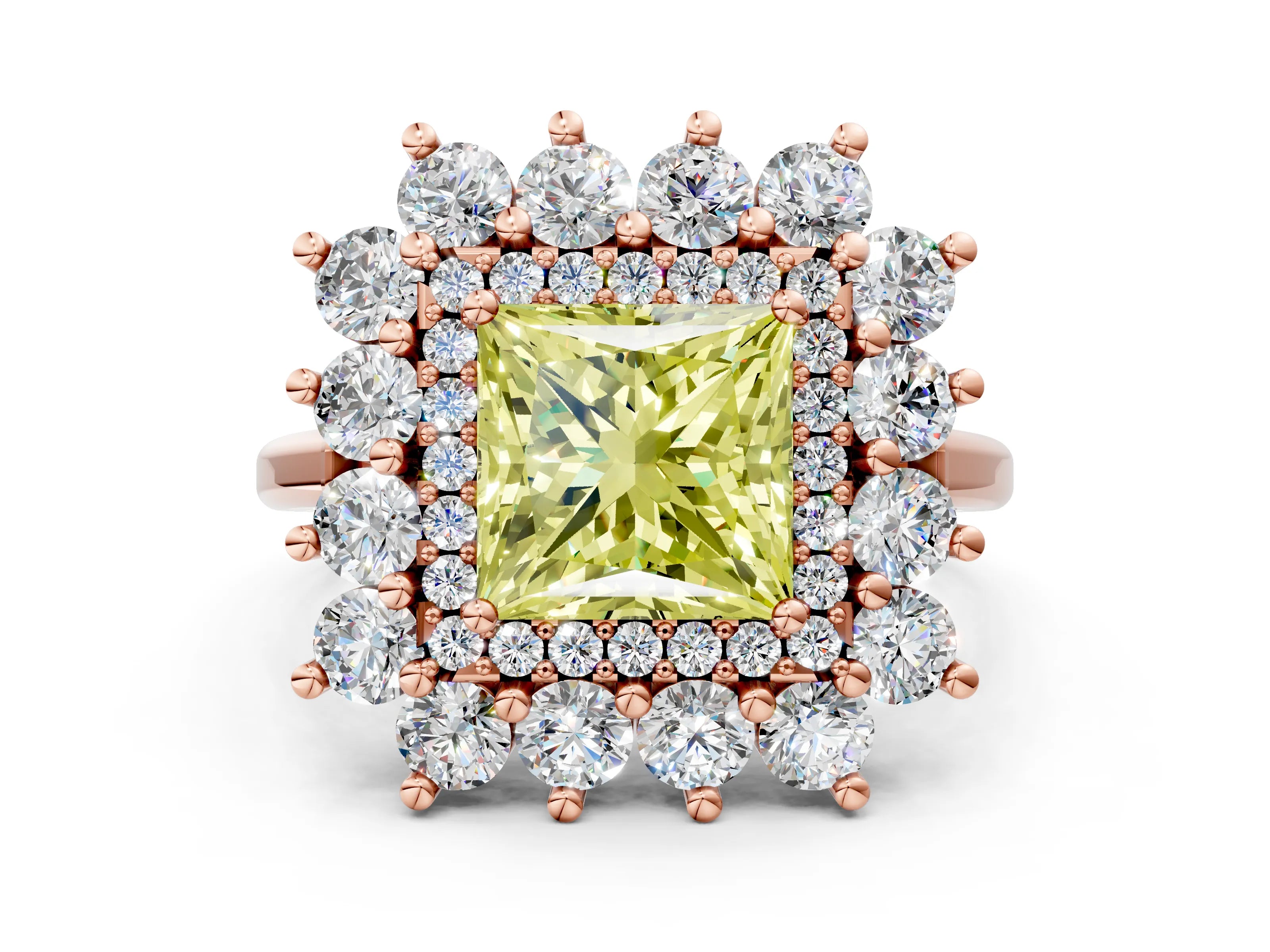 Rose gold Fancy Yellow Princess Cut Halo Cluster Diamond Ring with Pave Band and Four-Prong Setting_12
