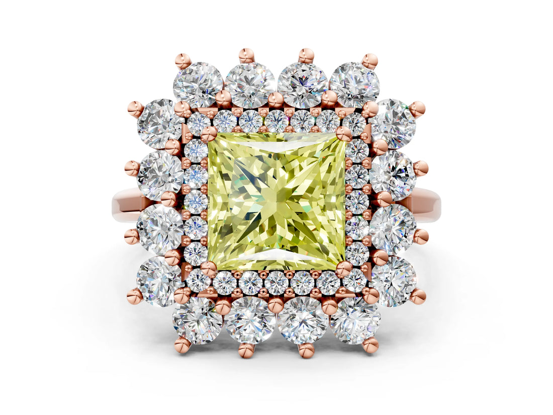 Rose gold Fancy Yellow Princess Cut Halo Cluster Diamond Ring with Pave Band and Four-Prong Setting_12