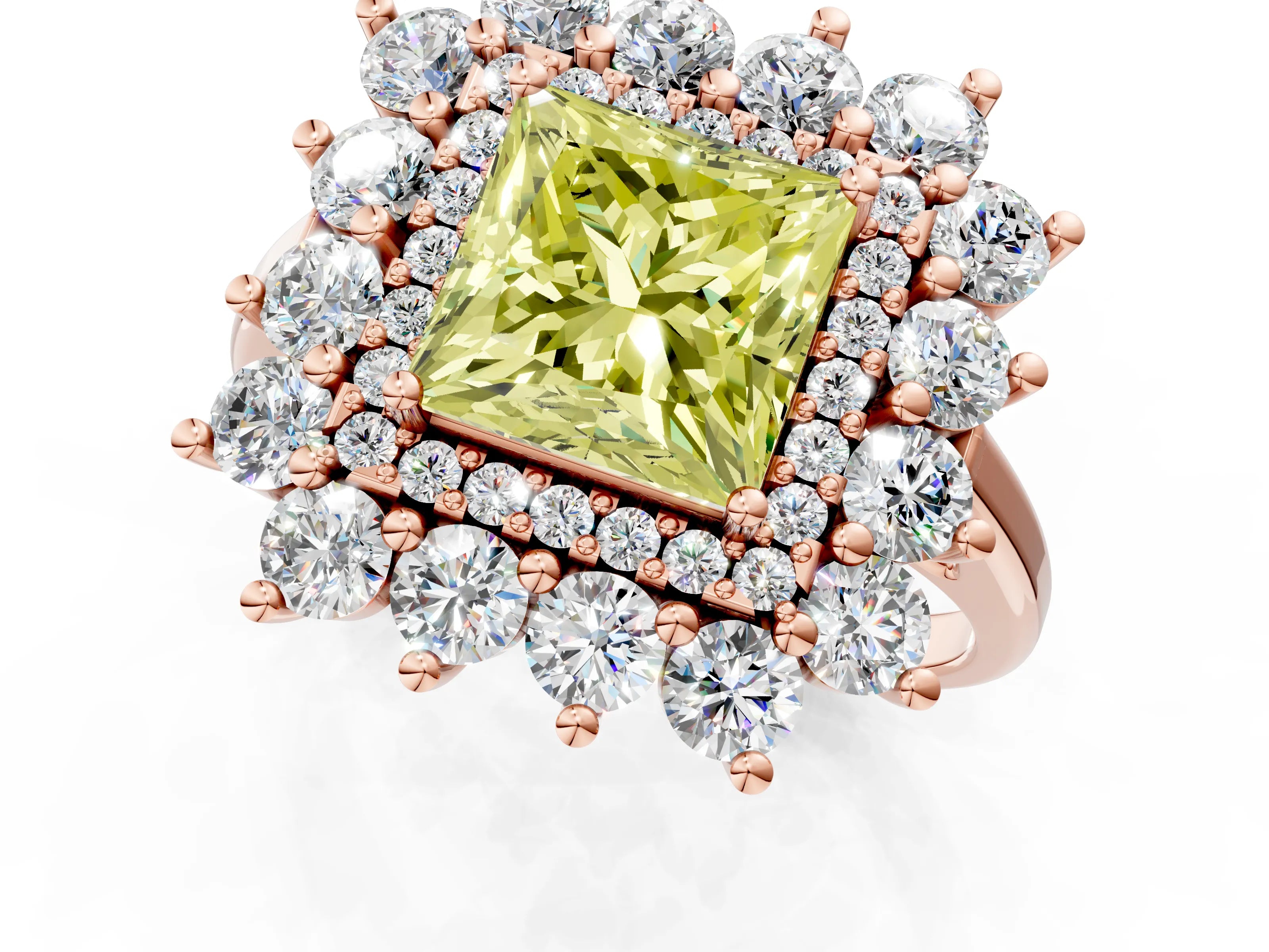 Rose gold Fancy Yellow Princess Cut Halo Cluster Diamond Ring with Pave Band and Four-Prong Setting_13
