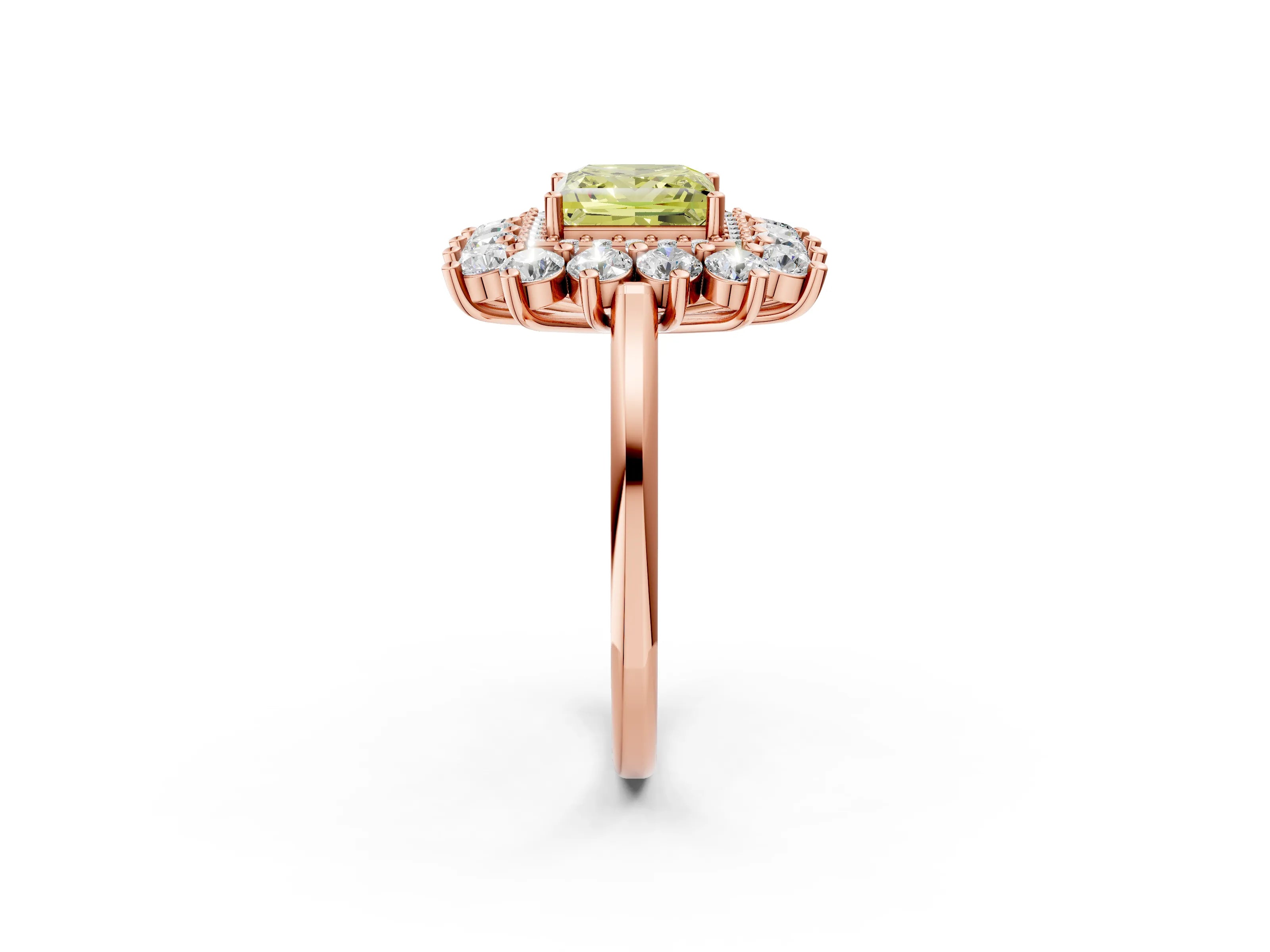 Rose gold Fancy Yellow Princess Cut Halo Cluster Diamond Ring with Pave Band and Four-Prong Setting_14