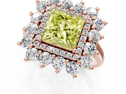 Rose gold Fancy Yellow Princess Cut Halo Cluster Diamond Ring with Pave Band and Four-Prong Setting_1