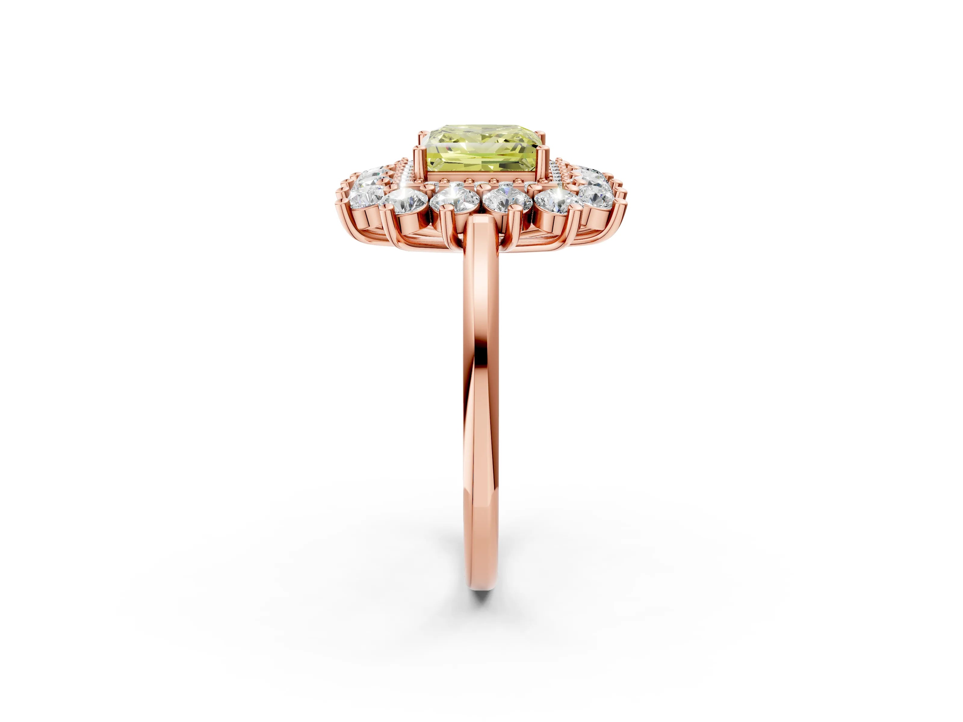 Rose gold Fancy Yellow Princess Cut Halo Cluster Diamond Ring with Pave Band and Four-Prong Setting_2