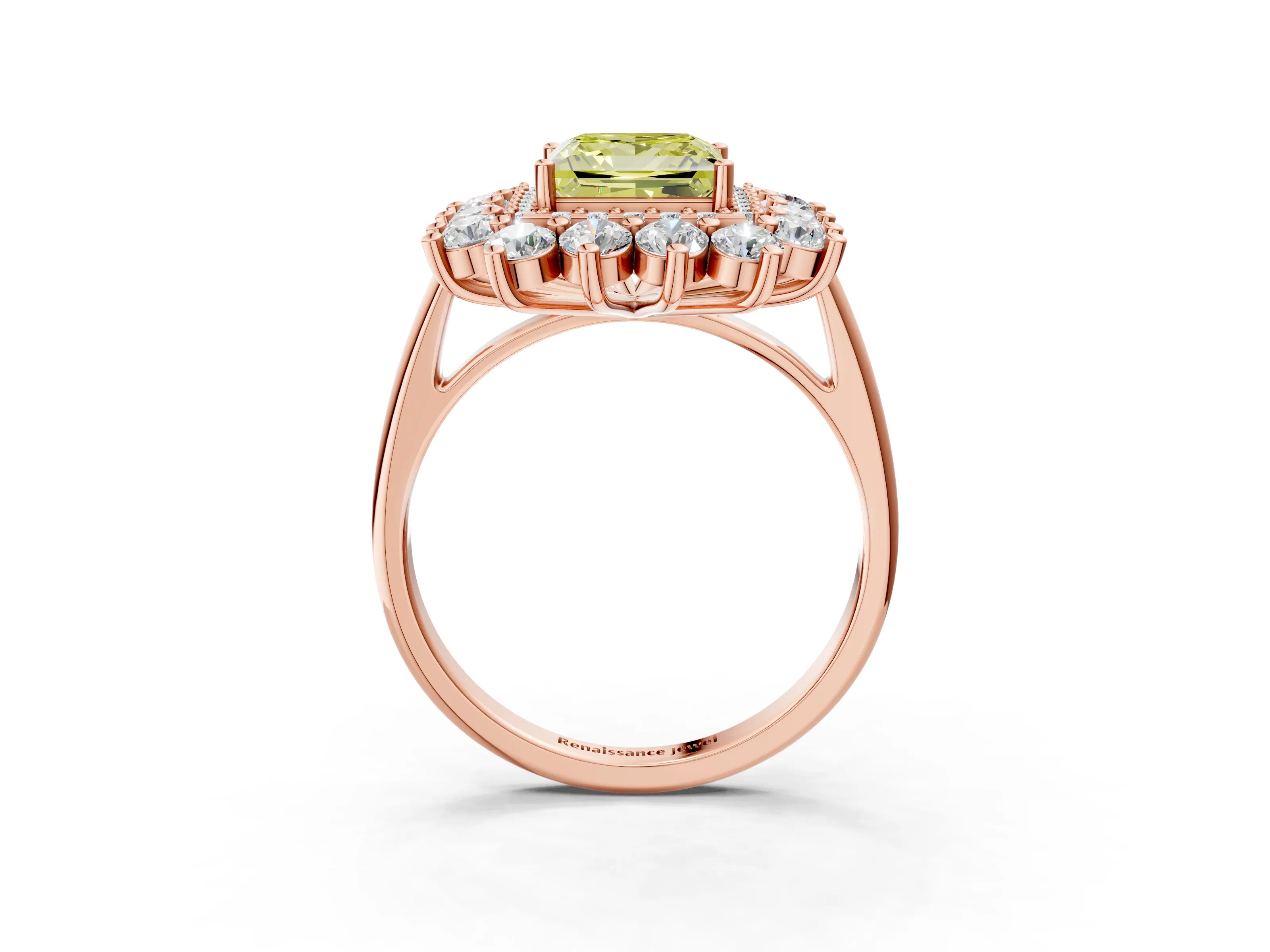 Rose gold Fancy Yellow Princess Cut Halo Cluster Diamond Ring with Pave Band and Four-Prong Setting_3