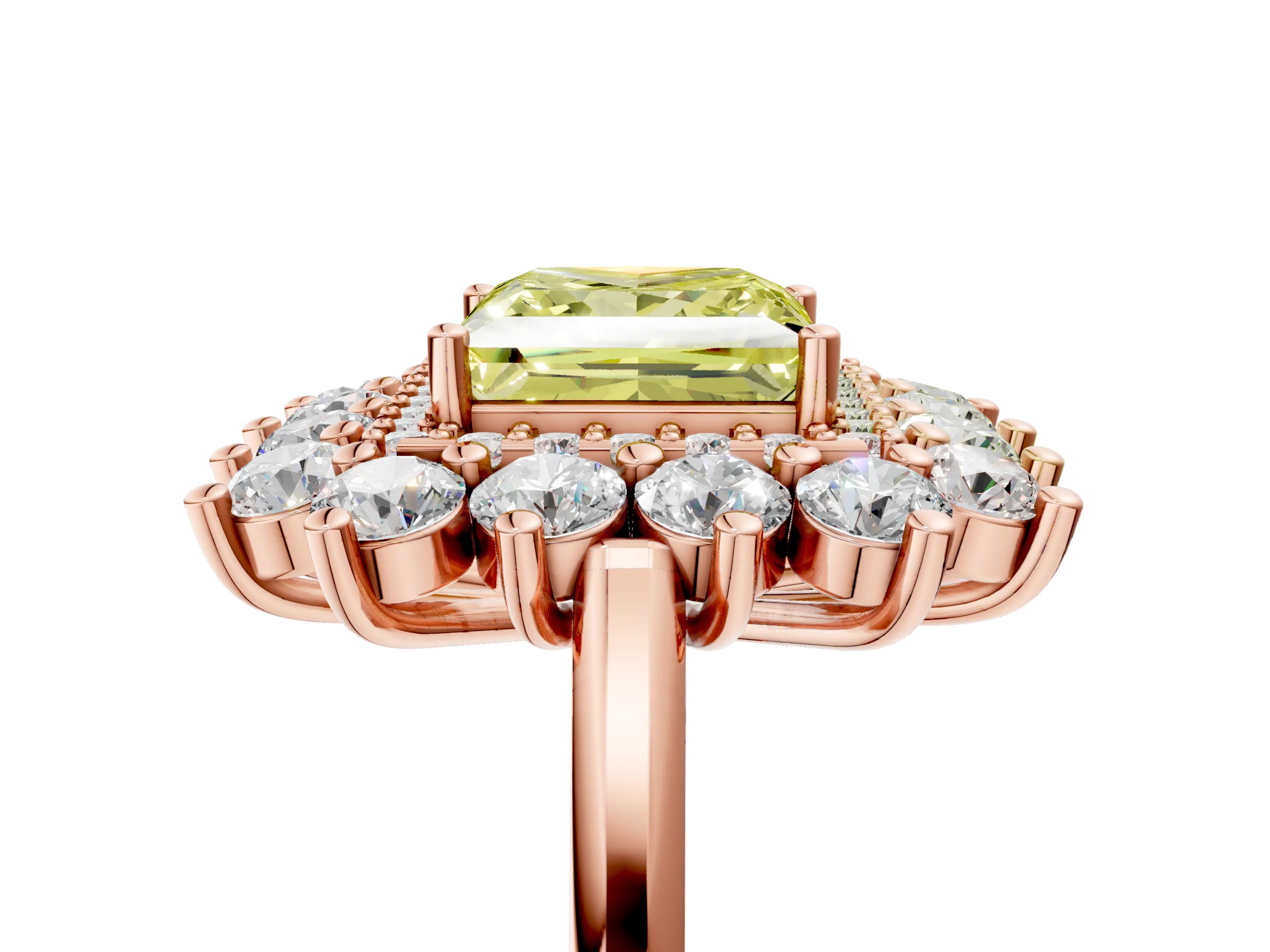 Rose gold Fancy Yellow Princess Cut Halo Cluster Diamond Ring with Pave Band and Four-Prong Setting_5