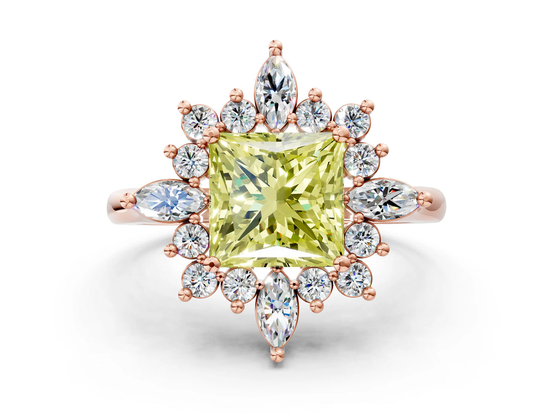Rose gold Fancy Yellow Princess Cut Halo Diamond Cluster Ring with Marquise and Round Stones on a White Gold Band with Prong Setting