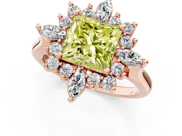 Rose gold Fancy Yellow Princess Cut Starburst Halo Engagement Ring Setting with Marquise and Round Accents