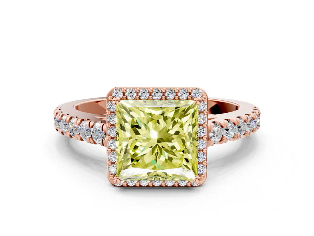 Rose gold Fancy Yellow Princess  Cut Halo Diamond Engagement Ring with Pave Band and Four-Prong Setting