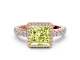 Rose gold Fancy Yellow Princess  Cut Halo Diamond Engagement Ring with Pave Band and Four-Prong Setting