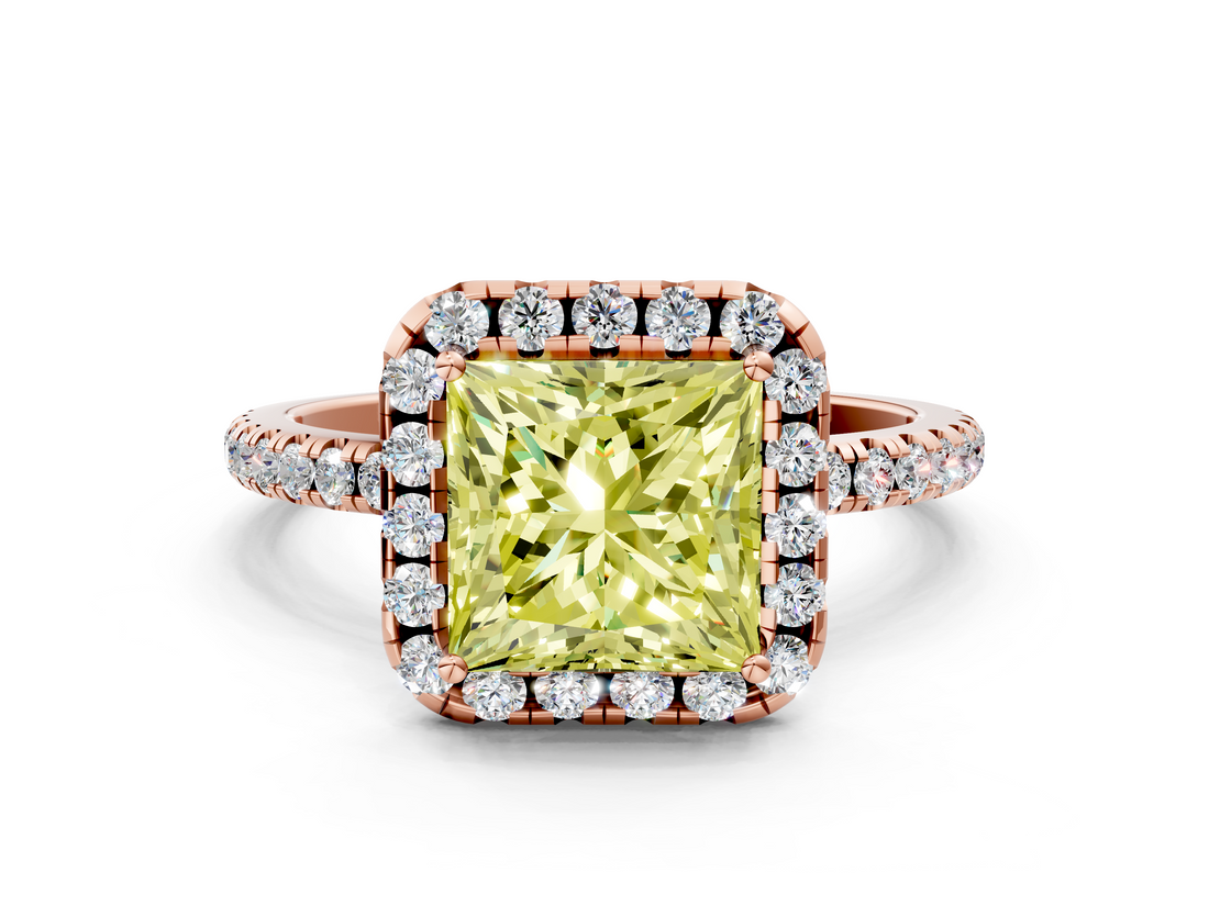 Rose gold Fancy Yellow Princess  Cut Halo Diamond Engagement Ring with Pave Band and Four-Prong Setting