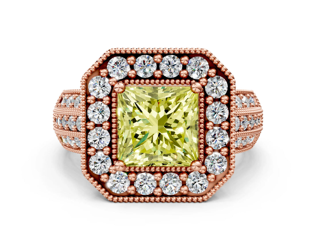Rose gold Fancy Yellow Princess Cut Halo Diamond Engagement Ring with Pave Split Shank and Four-Prong Setting