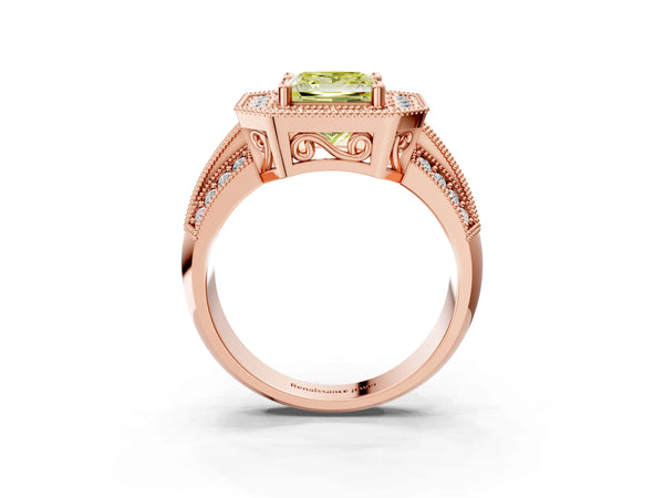 Rose gold Fancy Yellow Princess Cut Halo Diamond Engagement Ring with Pave Split Shank and Four-Prong Setting