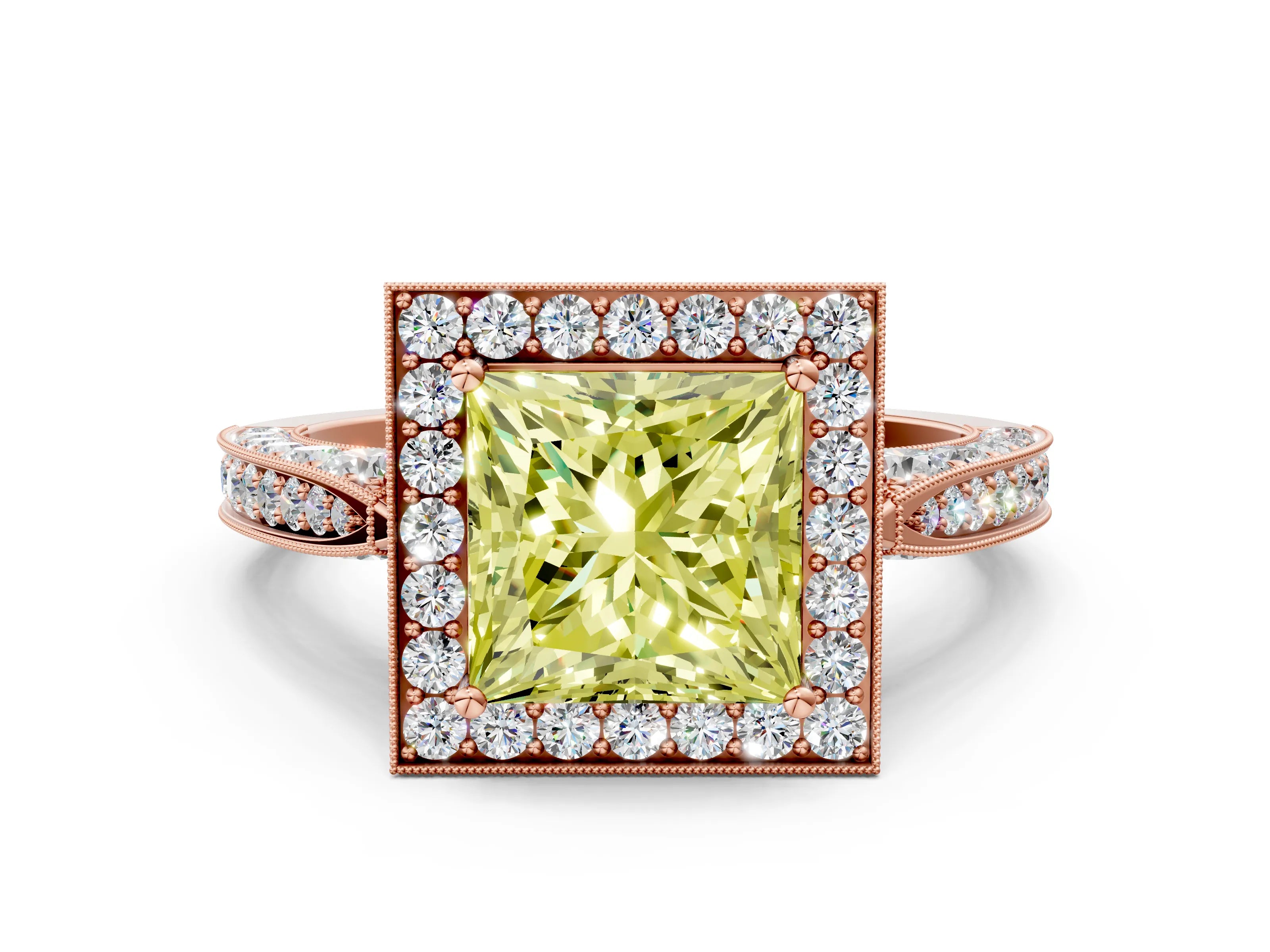 Rose gold Fancy Yellow Princess Cut Halo Diamond Engagement Ring with Split Shank Band and Four-Prong Setting