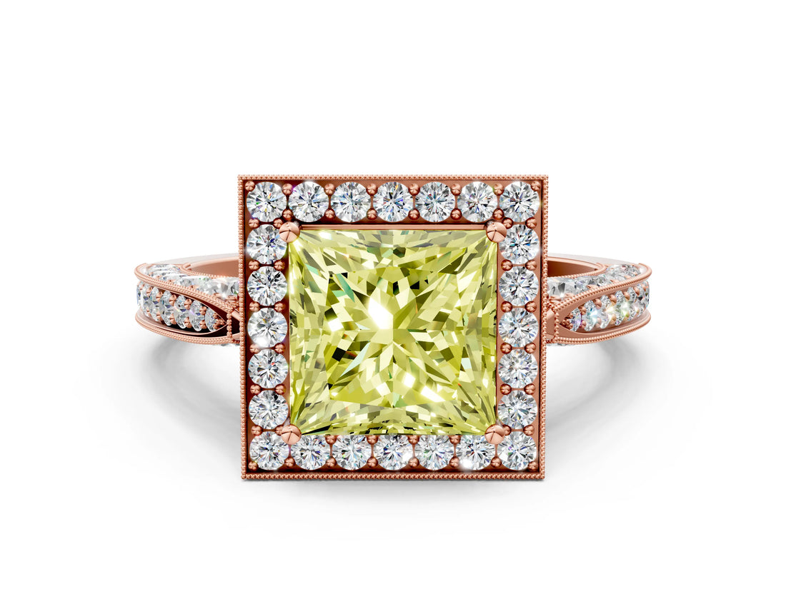 Rose gold Fancy Yellow Princess Cut Halo Diamond Engagement Ring with Split Shank Band and Four-Prong Setting